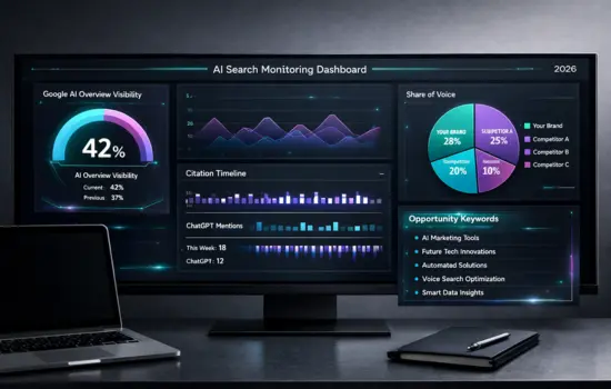 Modern AI search monitoring platform dashboard displaying share of voice, AI Overview visibility, and opportunity keywords in 2026.
