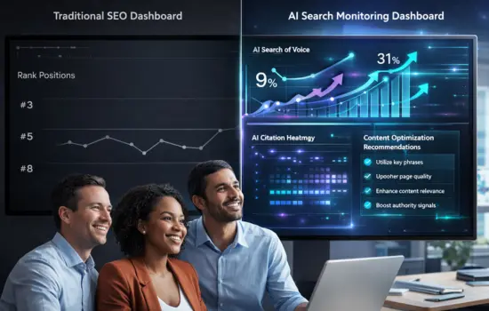 Before-and-after comparison showing traditional SEO dashboard vs. advanced AI search monitoring platform with rising share of voice and citations.