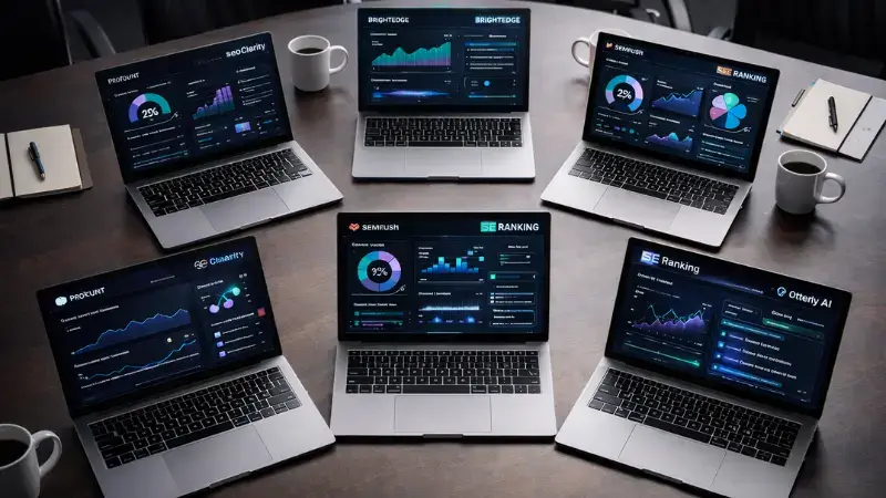 Conference table with multiple laptops displaying dashboards of leading AI search monitoring platforms for US marketers in 2026.