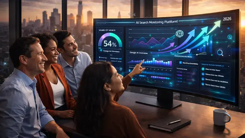Featured image showing a marketing team celebrating success with an AI search monitoring platform dashboard displaying rising share of voice and AI Overview visibility in 2026.
