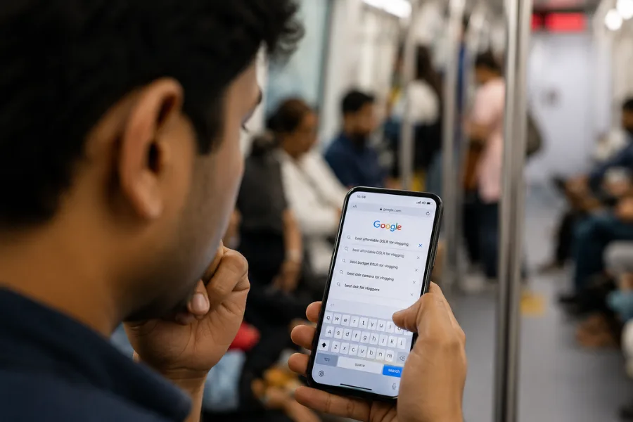 User searching for product on Google in a public place